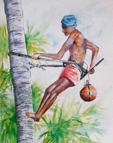 Painting titled "Toddy tapper" by Dharsha Samarasinha, Original Artwork, Watercolor
