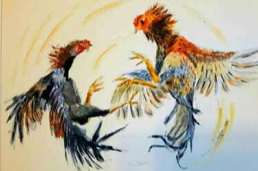 Painting titled "The fight" by Dharsha Samarasinha, Original Artwork, Watercolor