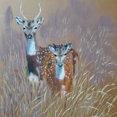 Картина под названием "The spotted deer" - Dharsha Samarasinha, Подлинное произведение искусства, Пастель