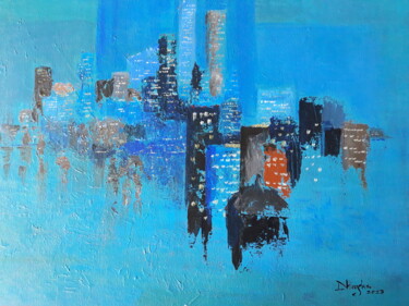 Malerei mit dem Titel "Cityscape at night" von Dharsha Samarasinha, Original-Kunstwerk, Acryl
