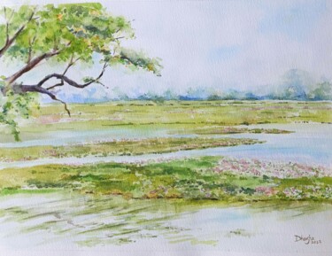 Painting titled "Lake covered with w…" by Dharsha Samarasinha, Original Artwork, Watercolor