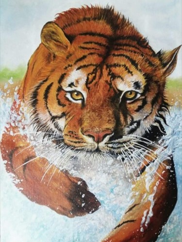 Malerei mit dem Titel "Tiger" von Dhiroj Thapa, Original-Kunstwerk, Acryl
