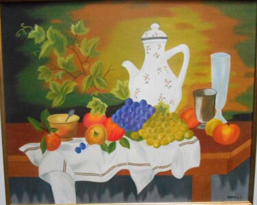 Peinture intitulée "Fruits sur la table" par Isabelle Dhondt, Œuvre d'art originale, Huile