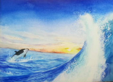 Drawing titled "海浪与海豚" by Di Hao, Original Artwork, Watercolor