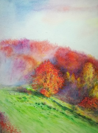 Painting titled "autumn color" by Di Hao, Original Artwork, Watercolor