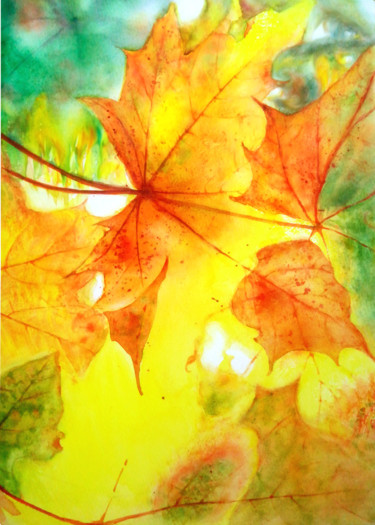 Pittura intitolato "autumn leaf" da Di Hao, Opera d'arte originale, Acquarello