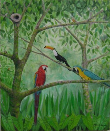 Pintura intitulada "Reunião na floresta" por Di Magalhães, Obras de arte originais