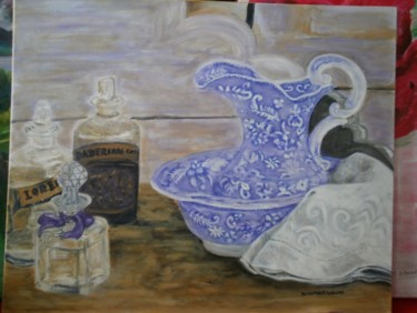 Painting titled "toilette de granny" by Michele Diamant-Wawer, Original Artwork, Oil Mounted on Wood Stretcher frame