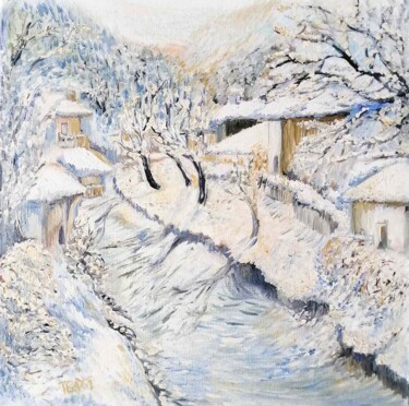 Malerei mit dem Titel "Snow, Houses,River,…" von Diana Dimova - Traxi, Original-Kunstwerk, Öl