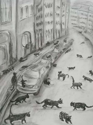 Dessin intitulée "Black Cats Art Frid…" par Diana Dimova - Traxi, Œuvre d'art originale, Fusain