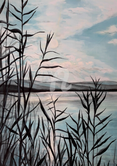 Painting titled "Blue lake sunset wi…" by Diana Editoiu, Original Artwork, Watercolor