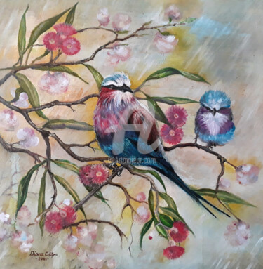 Schilderij getiteld "Lilac-breasted roll…" door Diana Editoiu, Origineel Kunstwerk, Olie