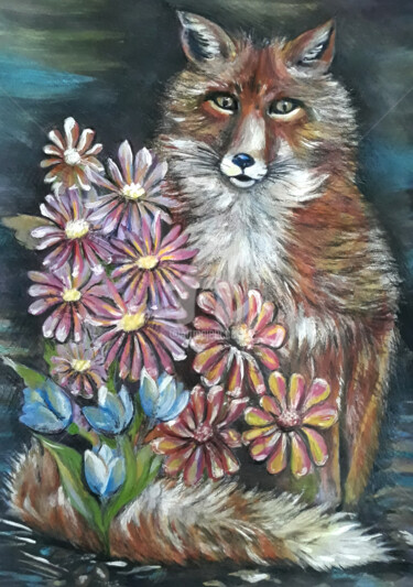 Painting titled "The fox in the gard…" by Diana Editoiu, Original Artwork, Watercolor