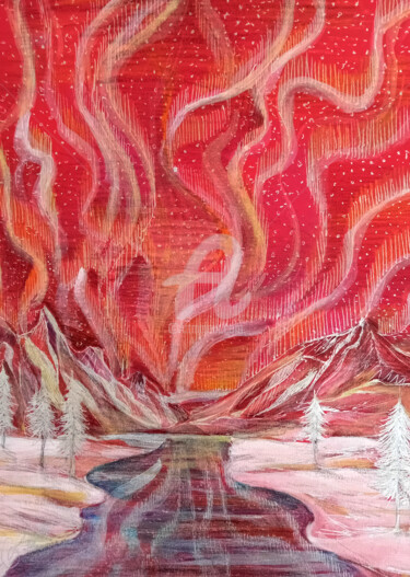Peinture intitulée "Red Aurora borealis" par Diana Editoiu, Œuvre d'art originale, Aquarelle