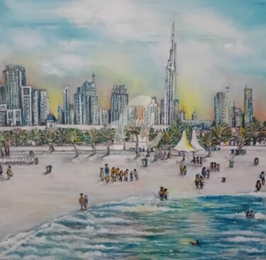 Ζωγραφική με τίτλο "Dubai beach sunset" από Diana Editoiu, Αυθεντικά έργα τέχνης, Λάδι