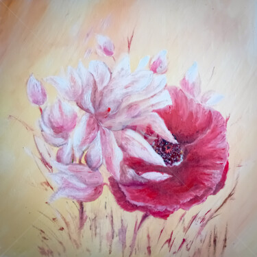 Painting titled "Magnolia and Poppy" by Diana Editoiu, Original Artwork, Oil