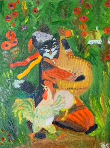 Картина под названием "Кот и петух. Cat an…" - Диана Гилевич, Подлинное произведение искусства, Масло