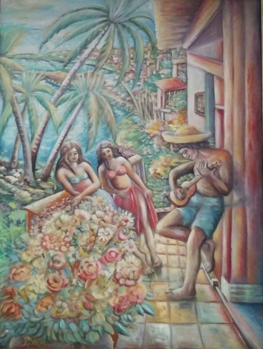 Painting titled ""Una ventana al mar"" by Valentin Hernandez Useche, Original Artwork, Oil Mounted on Wood Panel