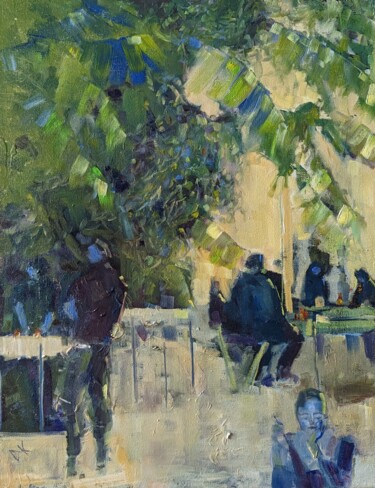 Painting titled "Mitternacht Café" by Diana Knepper, Original Artwork, Oil Mounted on Wood Stretcher frame