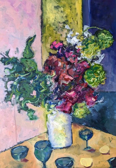 Painting titled "Üppige Blumenvase" by Diana Knepper, Original Artwork, Oil Mounted on Wood Panel