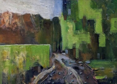 Schilderij getiteld "Der grüne Weg zum B…" door Diana Knepper, Origineel Kunstwerk, Olie Gemonteerd op Houten paneel