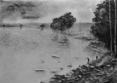 Zeichnungen mit dem Titel "Am Ufer" von Diana Knepper, Original-Kunstwerk, Kohle Auf Holzplatte montiert