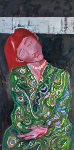 Painting titled "Die grüne Bluse" by Diana Knepper, Original Artwork, Oil Mounted on Wood Panel