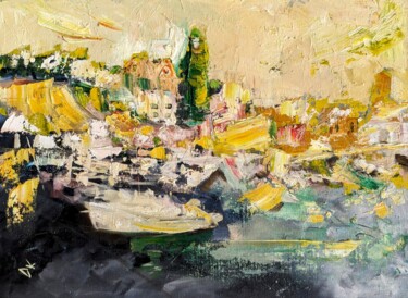 Painting titled "Hafen in Kroatien" by Diana Knepper, Original Artwork, Oil Mounted on Cardboard