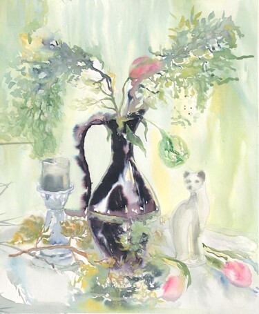Картина под названием "White cat" - Diana Mazjane, Подлинное произведение искусства, Акварель