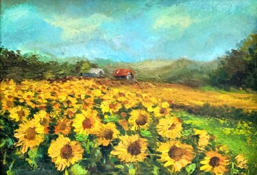 Painting titled "Sunflowers field" by Diana Mazjane, Original Artwork, Oil