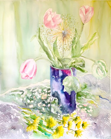 Painting titled "Pink tulips" by Diana Mazjane, Original Artwork, Watercolor