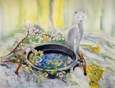 Painting titled "Still life with cat" by Diana Mazjane, Original Artwork, Watercolor