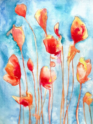 Painting titled "red poppies" by Diana Mazjane, Original Artwork, Watercolor