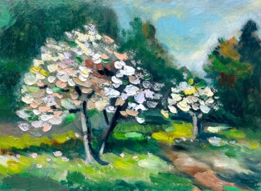 Painting titled "Blooming Apple Trees" by Diana Mazjane, Original Artwork, Oil