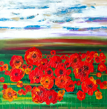 Painting titled "Red poppies field" by Diana Mazjane, Original Artwork, Oil