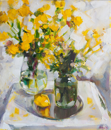 Painting titled "Yellow flowers" by Diana Nekhotiashchaia, Original Artwork, Oil Mounted on Wood Stretcher frame
