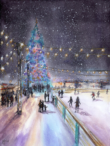 Pintura intitulada "Christmas night fair" por Diana Rode, Obras de arte originais, Aquarela