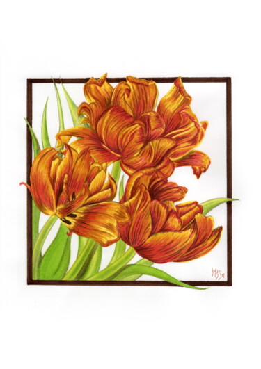 Dessin intitulée "Fiery Tulips" par Diana Rode, Œuvre d'art originale, Marqueur