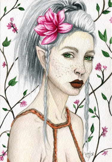 Malerei mit dem Titel "Magnolia girl" von Diana Rode, Original-Kunstwerk, Aquarell