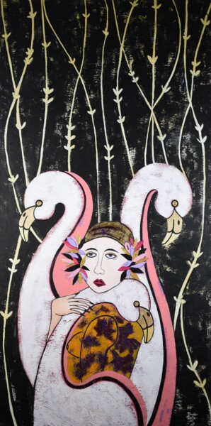 Schilderij getiteld "Woman and flamingos" door Diana Rosa, Origineel Kunstwerk, Acryl Gemonteerd op Frame voor houten branca…