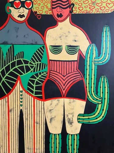 Schilderij getiteld "Saguaro amor" door Diana Rosa, Origineel Kunstwerk, Acryl Gemonteerd op Frame voor houten brancard