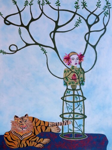 Painting titled "The forest keeper" by Diana Rosa, Original Artwork, Acrylic Mounted on Wood Stretcher frame