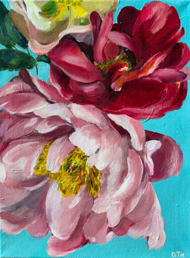 Painting titled "Peonies on a heaven…" by Diana Timchenko, Original Artwork, Oil Mounted on Wood Stretcher frame