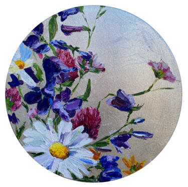 Painting titled "Round oil floral pa…" by Diana Timchenko, Original Artwork, Oil Mounted on Wood Stretcher frame