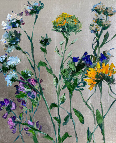 Schilderij getiteld "Wild flowers on a s…" door Diana Timchenko, Origineel Kunstwerk, Olie Gemonteerd op Frame voor houten b…