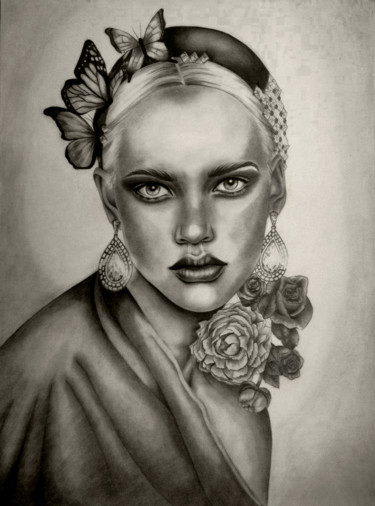 Drawing titled "Lady Butterfly" by Diana Toma, Original Artwork, Graphite