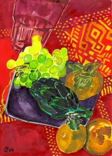 Malerei mit dem Titel "La grappe de raisins" von Diane Medus, Original-Kunstwerk, Aquarell
