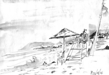 Картина под названием "La plage à Smir" - Diane Medus, Подлинное произведение искусства, Чернила