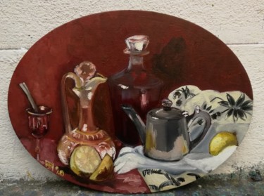 Peinture intitulée "Nature morte rouge" par Diane Medus, Œuvre d'art originale, Huile Monté sur Carton