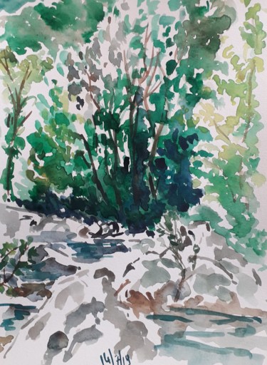 Peinture intitulée "Rochers et arbres à…" par Diane Medus, Œuvre d'art originale, Aquarelle